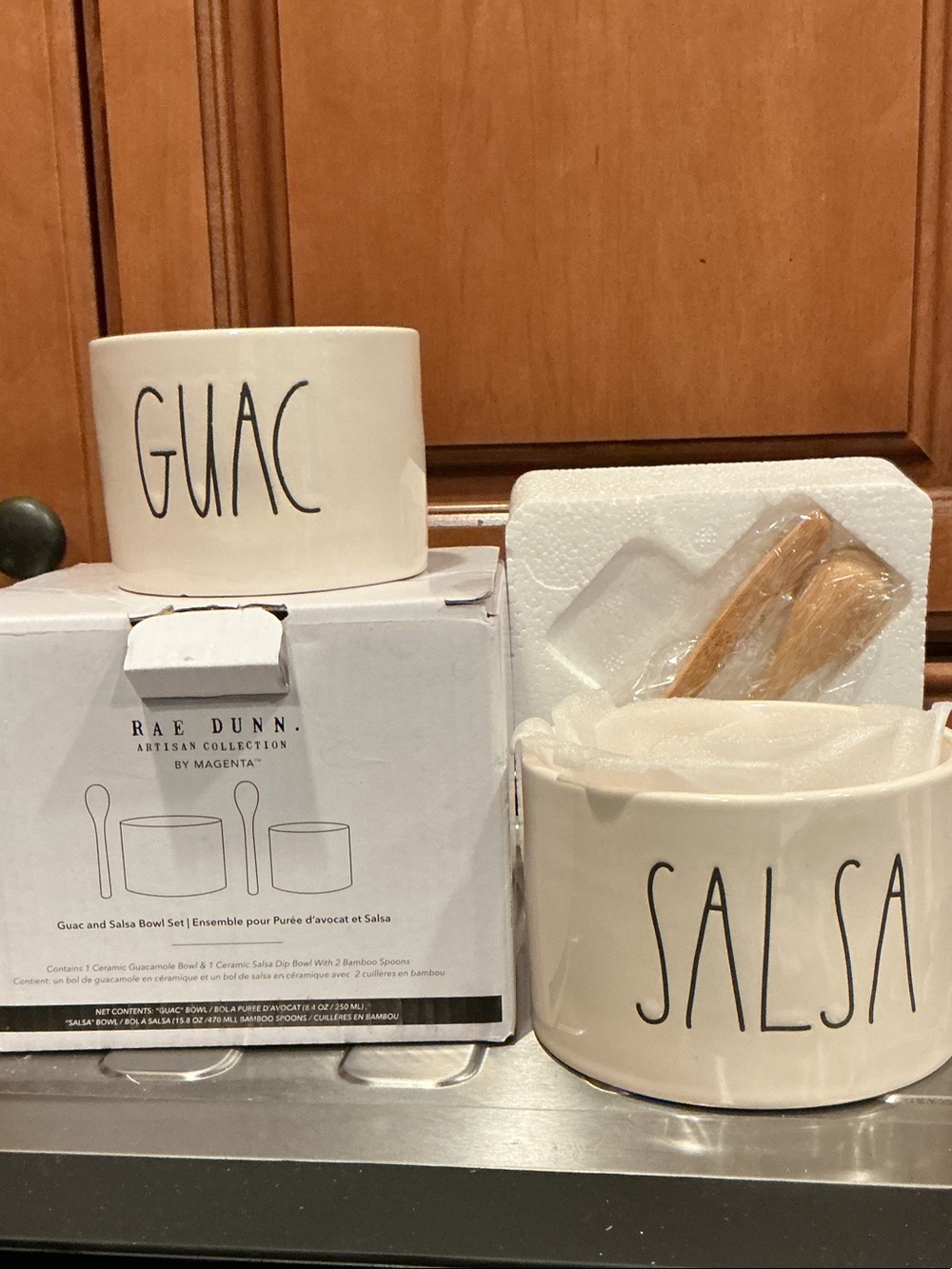 Rae Dunn Cream GUAC & SALSA Bowl Set with Wooden Spoons
